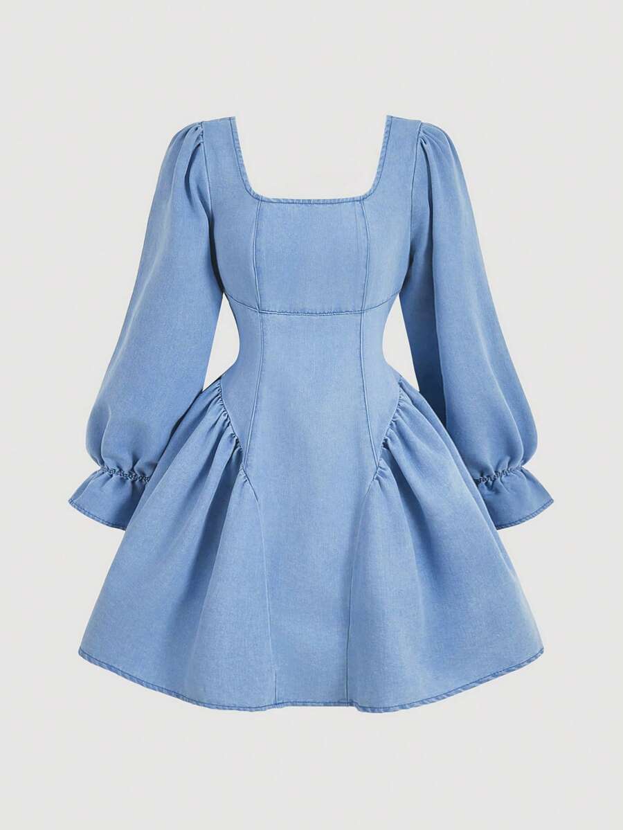 SHEIN MOD MOD Women Casual Denim Long Sleeve Square Neck Mini Dress, Elegant Women Dresses,Party Women Outfits,Christmas Dress,Long Sleeve Women Dress,Blue Long Sleeve Dress,Fluffy Dress,Long Denim Dress - Light Wash - View 1