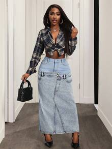 Slaydiva Women's Patchwork Fashionable Denim Mini Skirt - Light Wash - View 6