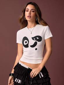 SHEIN Kung Fu Panda Women's Casual Everyday Commute Cute Panda Print White Fitted Cropped T-Shirt, Summer - White - View 1