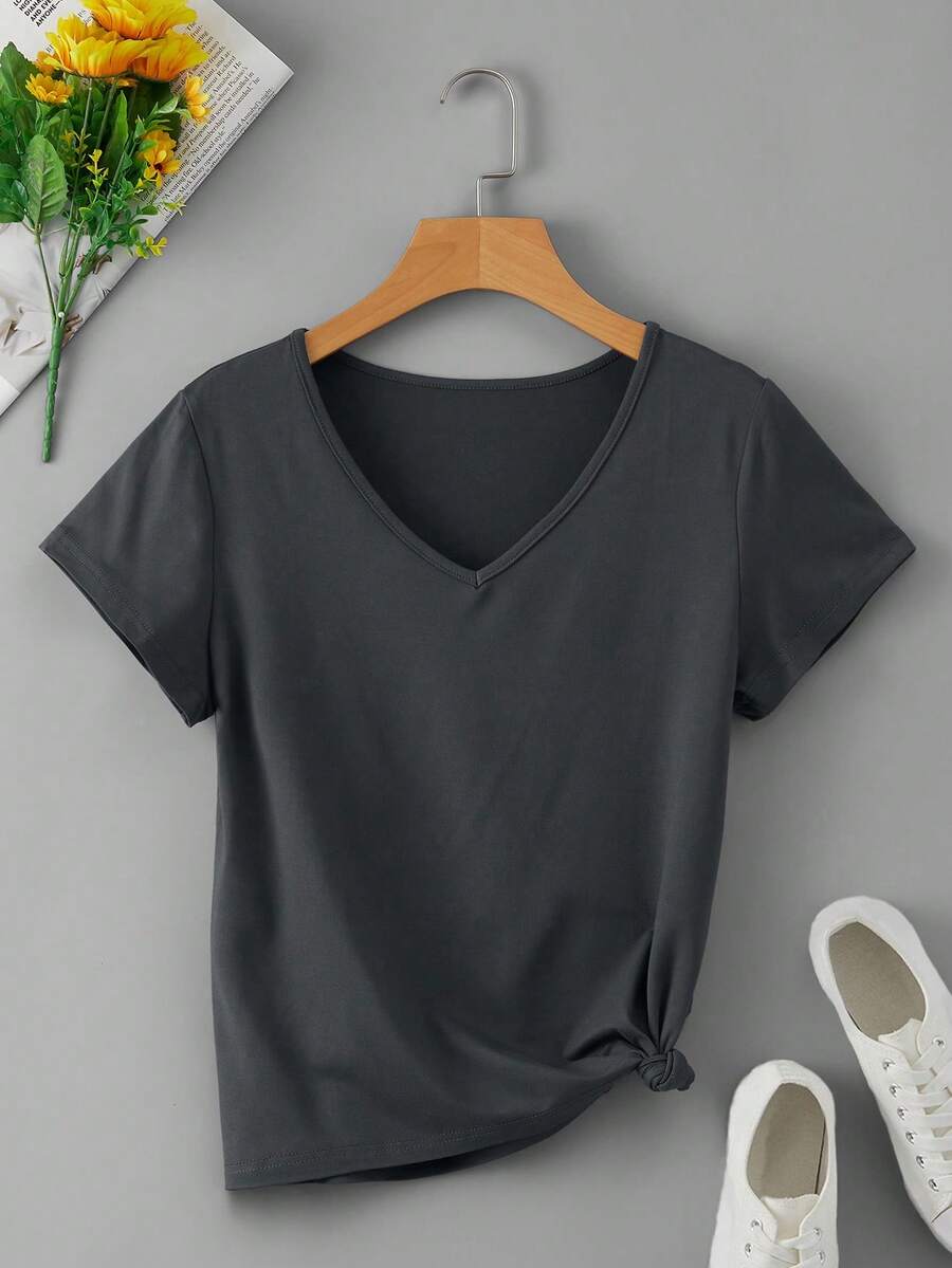 INAWLY 纯色 V 领 T 恤 - 深灰色 - 查看 1