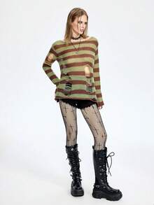Chiquease Women's Basic Minimalist Striped Gothic Style Sexy Ripped Sweater - Green - View 4