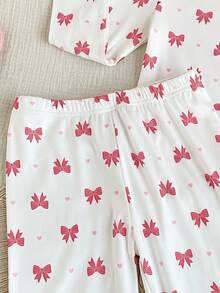 SHEIN Vintaside Kids 两件套女童睡衣套装，柔软舒适的长袖上衣，饰有蝴蝶结和爱心印花，搭配修身长裤，时尚休闲。 - 粉色 - 查看 6