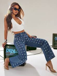 Denimoi Calça Denim Reta com Detalhes em Tachas Prateadas, Moda, Outono e Inverno