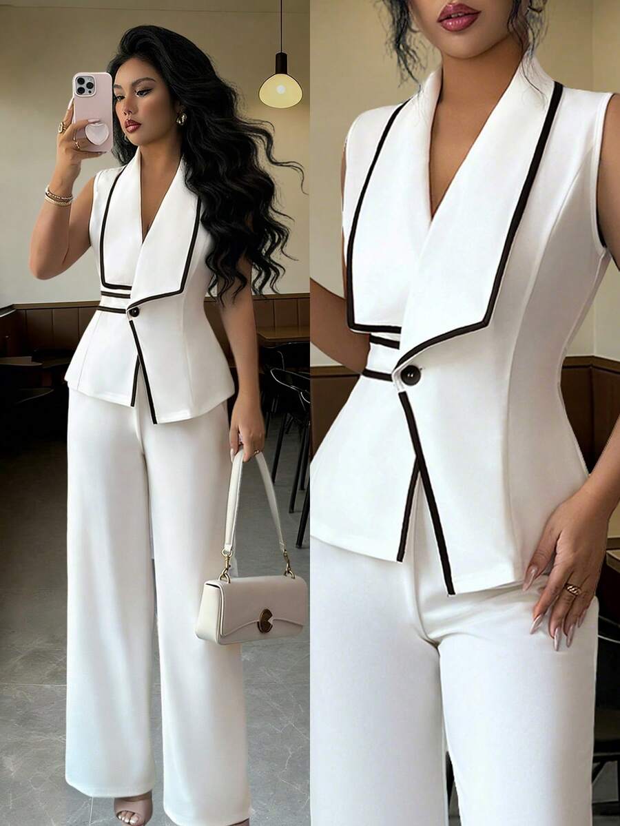 Elenzga 女士梭织面料不对称下摆无袖露脐上衣搭配高腰阔腿裤，优雅商务办公通勤套装，春夏款 - 彩色 - 查看 1