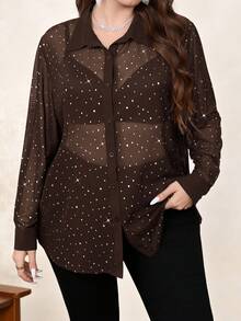 Chikora Plus Size Rhinestone Decor Sheer Long Sleeve Shirt Plus Size Shirts And Blouses - Brown - View 6
