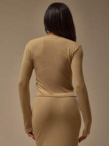 MUSERA ESSENTIALS Button Through Fitted Long Sleeve Sheer Cardigan Top Winter Cosy Lounge Cute Sexy Everyday Lounge Essential - Khaki - View 4