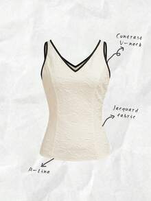 Chiquease Women's Elegant Contrast Trim Jacquard V-Neck Camisole, Suitable For Commuting, Summer - White - View 1