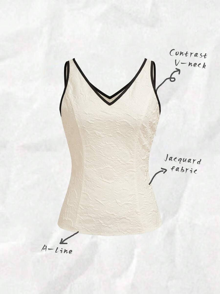 Chiquease Women's Elegant Contrast Trim Jacquard V-Neck Camisole, Suitable For Commuting, Summer - White - View 1