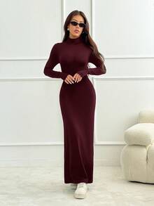 SHEIN PETITE 女士优雅纯色高领长袖修身连衣裙，春夏长裙，黑色长裙，夏季性感长裙，长袖长裙 - 酒紅色 - 查看 8