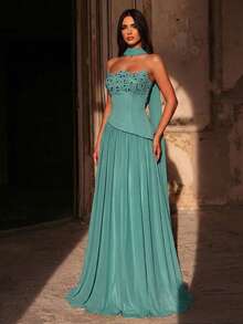 Glamrae 优雅朦胧蓝奢华手工串珠无肩带雪纺A字连衣裙（可拆卸亮片吊带），适合所有正式场合，晚礼服 - 霧霾藍 - 查看 5