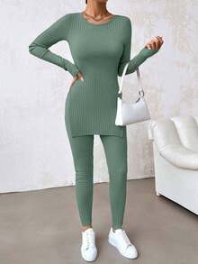 EURMUSE Bộ áo thun nữ bằng cotton màu trơn cổ tròn, gấu áo xẻ tà, gồm áo thun và quần bó sát. - Màu xanh Bạc hà - Xem 3