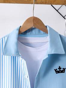 Mirajuku 青少年男童休闲条纹拼接撞色衬衫，时尚百搭，适合日常通勤，可搭配白色T恤和牛仔裤。 - 藍色 - 查看 3