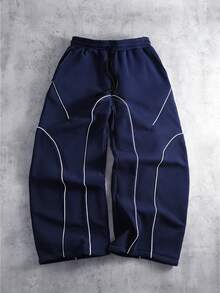 PAVTROS 男士休闲宽松撞色边运动裤 男士宽松运动裤 男士宽松服装 - 藏蓝色 - 查看 3