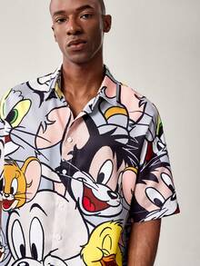TOM & JERRY X SHEIN 男士休闲日常通勤时尚街头可爱卡通图案宽松衬衫，夏季 - 彩色 - 查看 6