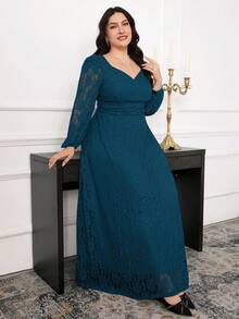 Modelyn 大码女士优雅蕾丝心形领灯笼袖褶皱腰身连衣裙 - 水鴨藍 - 查看 4
