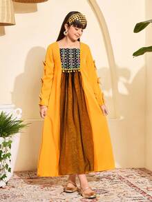 Tween Girls Long Dress, Geometric Pattern Contrast Mesh Dress, Bow Decor Long Sleeve + Tassel Mesh Design Middle Eastern Style Children Clothing - Yellow - View 6