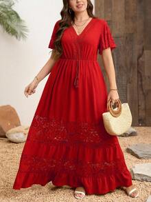 SHEIN Clasi Đầm cỡ lớn thanh lịch phối ren cổ chữ V kiểu Bohemian - Đỏ - Xem 7