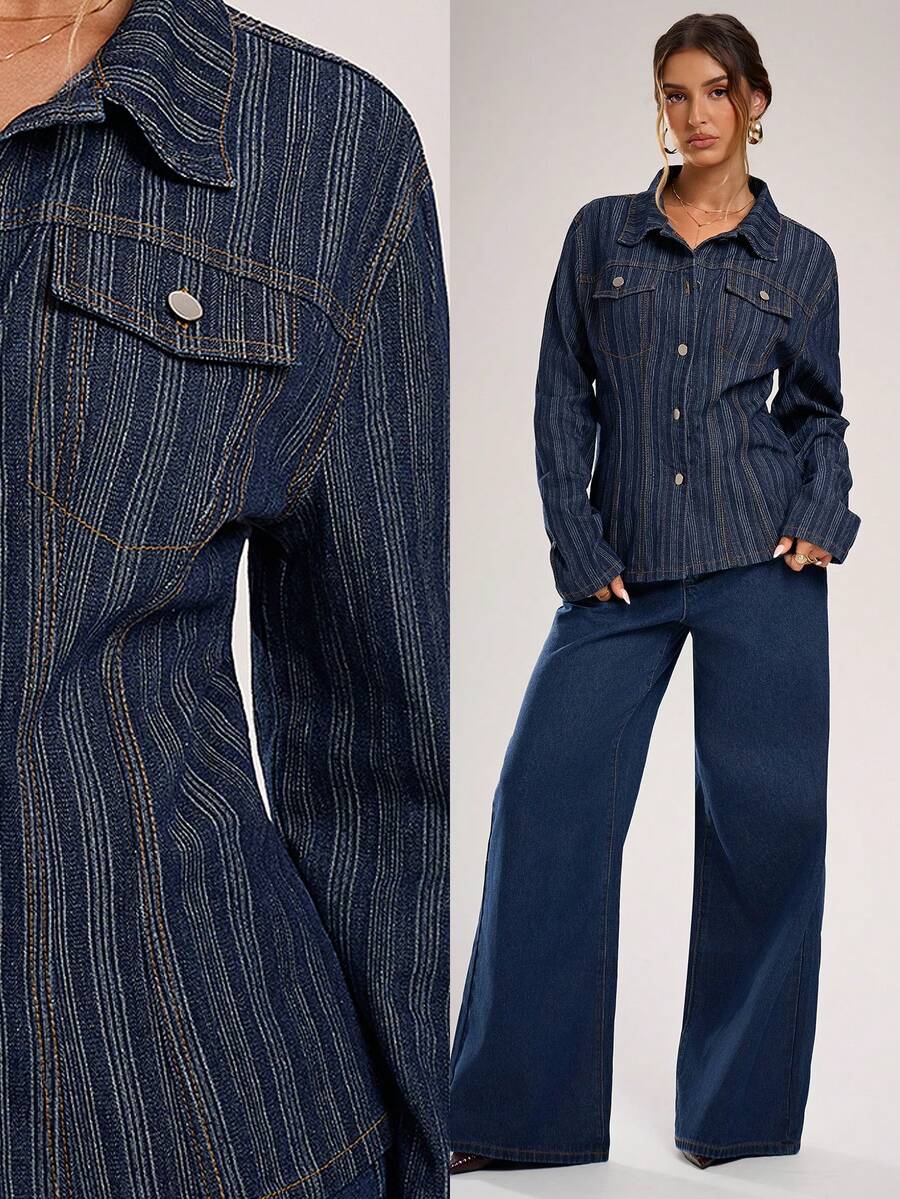 Avantive Striped Blue Denim Jacket Shirt Holiday Outfits For Women Casual Women Outfits - Dark Wash - View 1
