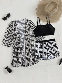 Swim Lushoire 3pcs Women Black Crop Bikini Top, Mesh Kimono Cover Up & Shorts Beach Outfit Set - Multicolor - View 4