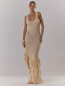 MUSERA Đầm maxi cổ tròn dệt kim tua rua xẻ tà, gợi cảm, thích hợp cho kỳ nghỉ hè ở Ibiza, du lịch dễ thương, tiệc cưới, tiệc mùa thu, sinh nhật, đi nhà thờ, tiệc mùa thu, lễ tình nhân, mùa xuân, tiệc cô dâu, tiệc độc thân, lễ Phục sinh, đầm dài. - Màu be - Xem 2