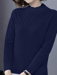 EMERY ROSE Women's Casual Everyday Commute Simple Solid Navy Blue Turtleneck Pullover Sweater, Autumn/Winter - Navy Blue - View 4