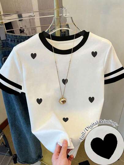 Camiseta de manga corta con cuello redondo, estampado de corazón y amor, de corte holgado y contraste de colores, adecuada para adolescentes, para uso diario, vuelta al colegio, vacaciones y Día de San Valentín