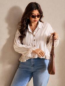 Elaquor Plus Size Casual Commuter Striped Shirt, Autumn - Apricot - View 3