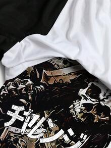 ROMWE MEN Anime Pantalones cortos de verano versátiles con cintura elástica y cordón en contraste de color - Multicolor - Ver 4