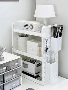 1个ins风双层镂空桌面收纳架，带挂钩、笔筒和储物架