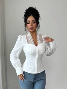 SHEIN Elenzya 女士优雅精致深V领收腰灯笼袖蕾丝拼接时尚办公白衬衫 - 白色 - 查看 6