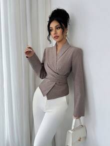 Elenzga Áo cánh nữ tay dài cổ bẻ màu trơn, họa tiết cà vạt, mặc đi làm ngoài trời, mùa thu/đông/xuân - Màu Khaki - Xem 6