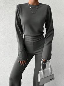 EURMUSE Solid Tee & Flare Leg Pants - Grey - View 4