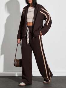 EURMUSE Chic Contrast – Brown Cotton Sweat Long Sleeve And Wide Leg Set With Beige Trim For Effortless Street Style / Elevated Essentials – Brown Loungewear Set With Beige Detailing
