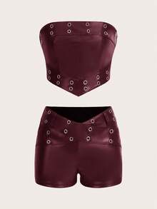 SHEIN ICON Women Y2k Fashionable Music Rave Festival Sexy Party Club Outfits Leather Strapless Crop Top With Eyelet Embellishments And Low-Waist Cross Tie Eyelet Embellished Shorts Set Burgundy - Burgundy - View 2