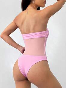 SHEIN EZwear Women's Sleeveless Bodysuit With Sheer Mesh Panels, Fitted Silhouette In Light Pink - Baby Pink - View 2