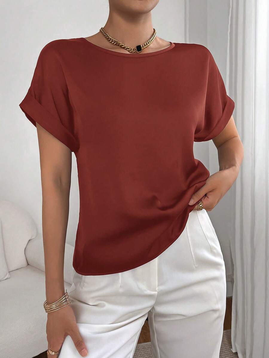 SHEIN Essnce 女士休闲纯色圆领短袖衬衫,夏季百搭 - 紅木色 - 查看 1