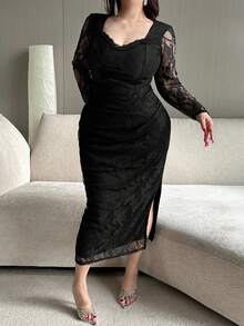 Dazy Plus Robe maxi élégante et sexy pour femmes en grande taille, en dentelle contrastée et ajustée, pour le printemps/été - Noir - View 5