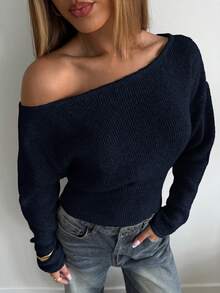 Aloruh 咖啡色斜肩领女士休闲短款针织套头毛衣，秋冬女装 - 藏蓝色 - 查看 5