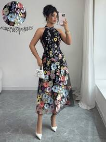 Elenzga Đầm dài nữ thanh lịch mới với họa tiết hoa 3D, phối lưới, họa tiết hoa hồng, thích hợp cho tiệc tùng, ngày Valentine, hẹn hò, họp mặt, lễ hội, năm mới, đám cưới, phù dâu, mùa xuân/hè. - Nhiều màu - Xem 1