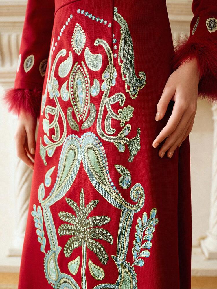 WOMEN'S FAUX FUR SLEEVE PATCHWORK GRAPHIC PRINT LONG DRESS WITHOUT BELT