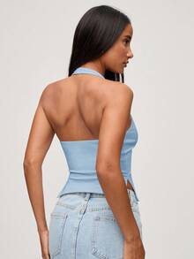 SHEIN BASICS Women's Casual Solid Color Knit Halter Top/Summer - Blue - View 2