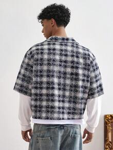 TOKVUE 男士纯色格子拼接休闲短款衬衫 - 彩色 - 查看 2