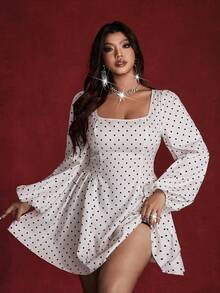 Viva Relle Valentine Plus Size Elegant Party Polka Dot Print Lantern Sleeve Dress - Apricot - View 4