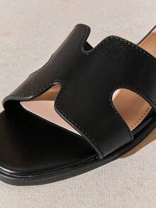 SHUZIA Alltime Bestseller Women's Smooth Faux Leather Harness Cut-Out Open Toe Soft-Cushion Classic Black Slide Sandals – Minimalist, Elegant & Versatile For Christmas Valentine's Day - Black - View 7