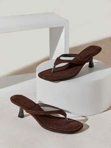 SHUZIA Women's Minimalist Comfortable Round Toe Kitten Heel Faux Suede Thong Sandal - Chocolate Brown - View 3