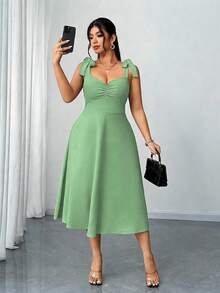 Elenzga Vestido de tirantes acampanado con drapeado elegante y romántico para mujer talla grande, color rojo, para primavera/otoño, Navidad