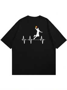 ‌Camiseta de Manga Corta Holgada Casual Versátil con Estampado de Baloncesto Divertido, para Vacaciones, Trabajo y Uso Diario - azul y negro - Ver 4