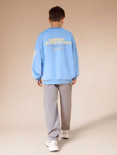  SUMWON Boys Oversized Sweatshirt And Nylon Pants Text Print Crew Neck Set Casual Streetwear Coordination Outfit Winter Fall Vacation