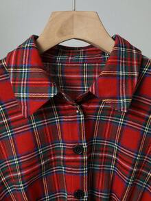 Chiquease 复古英伦红色格子衬衫裙 | 收腰A字廓形，学院风长袖连衣裙 - 紅色 - 查看 4