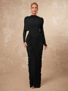 Lumalex Asymmetrical Metal Decor Mesh Soft Flowy Ruched Waist Bodycon Long Sleeve Dress For Women - Black - View 6
